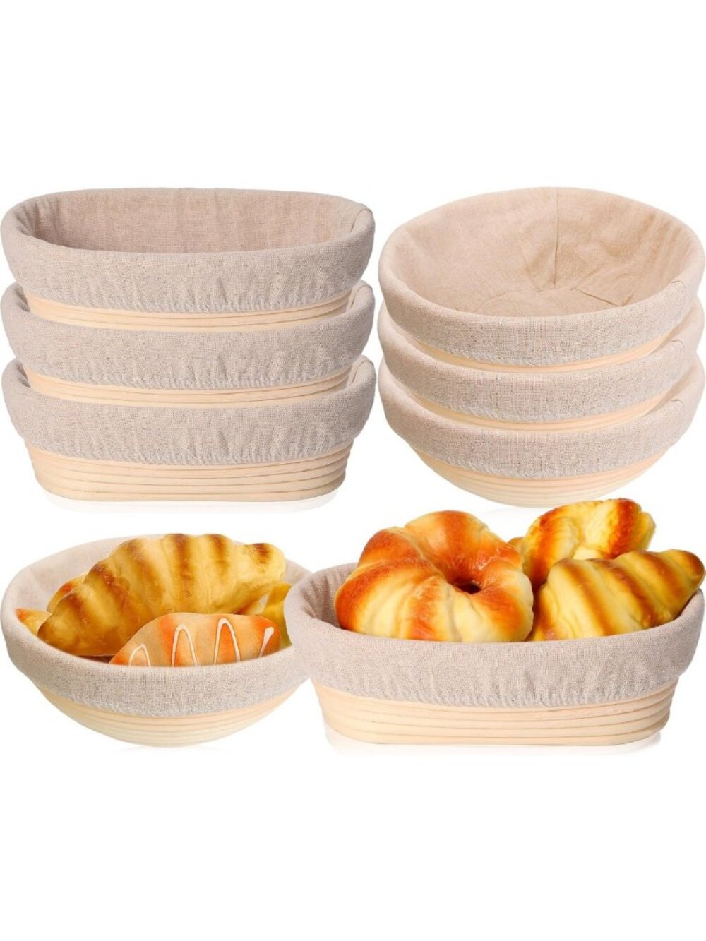 6 Pack Rattan Proofing Baskets for Sourdough Bread - Oval & Round with Liners